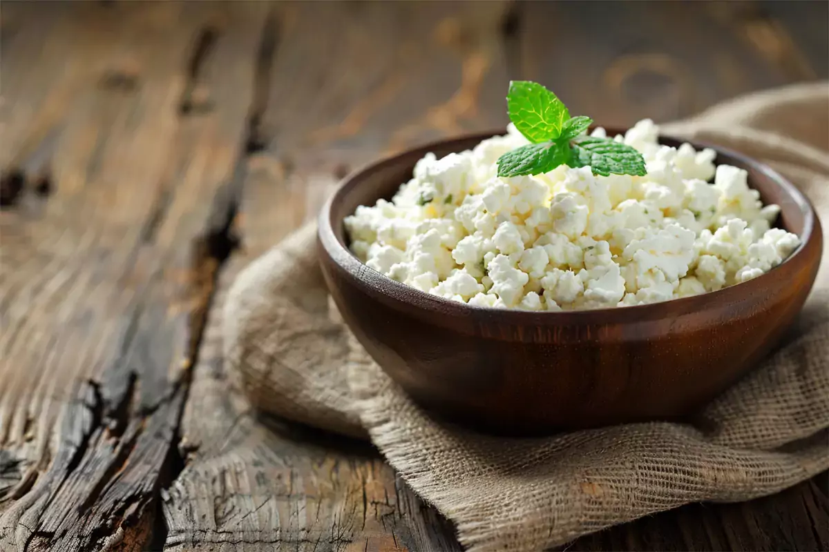 A bowl of creamy cottage cheese with a sprig of mint on a rustic wooden table