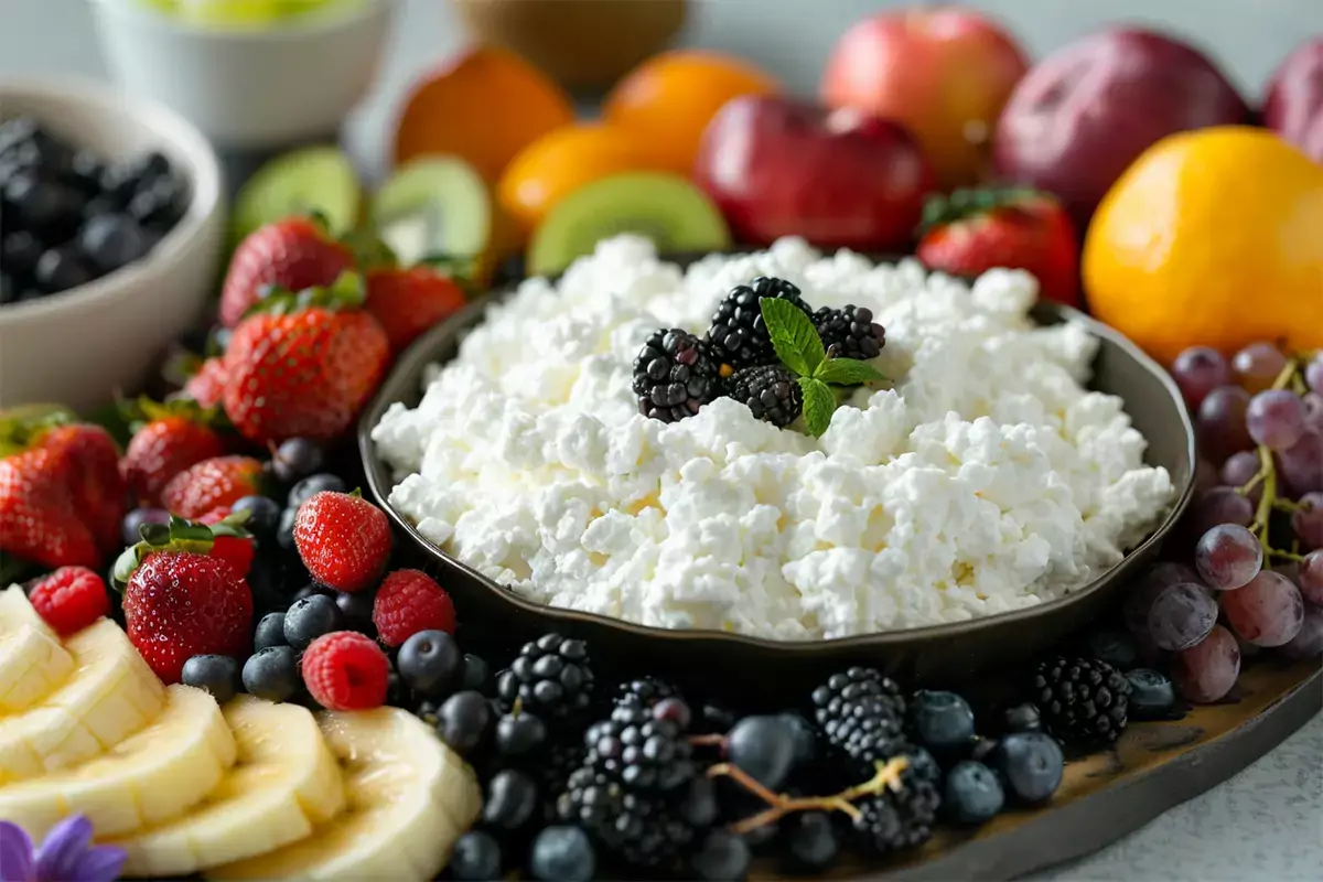 An assortment of fresh fruits including berries, tropical fruits, and stone fruits arranged around a bowl of cottage cheese