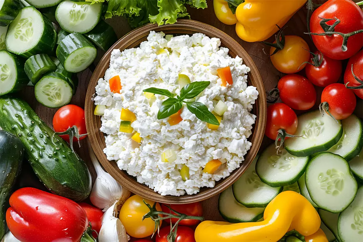 A colorful array of vegetables such as cucumbers, tomatoes, and bell peppers, surrounding a bowl of cottage cheese