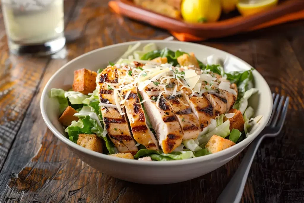 A vibrant Chicken Caesar Salad with grilled chicken, romaine lettuce, croutons, and Parmesan cheese in a white bowl.