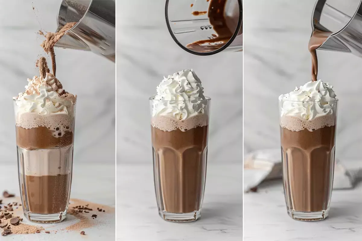 Step-by-step collage showing the process of making a Grimace Shake at home, from blending ingredients to adding the whipped cream topping