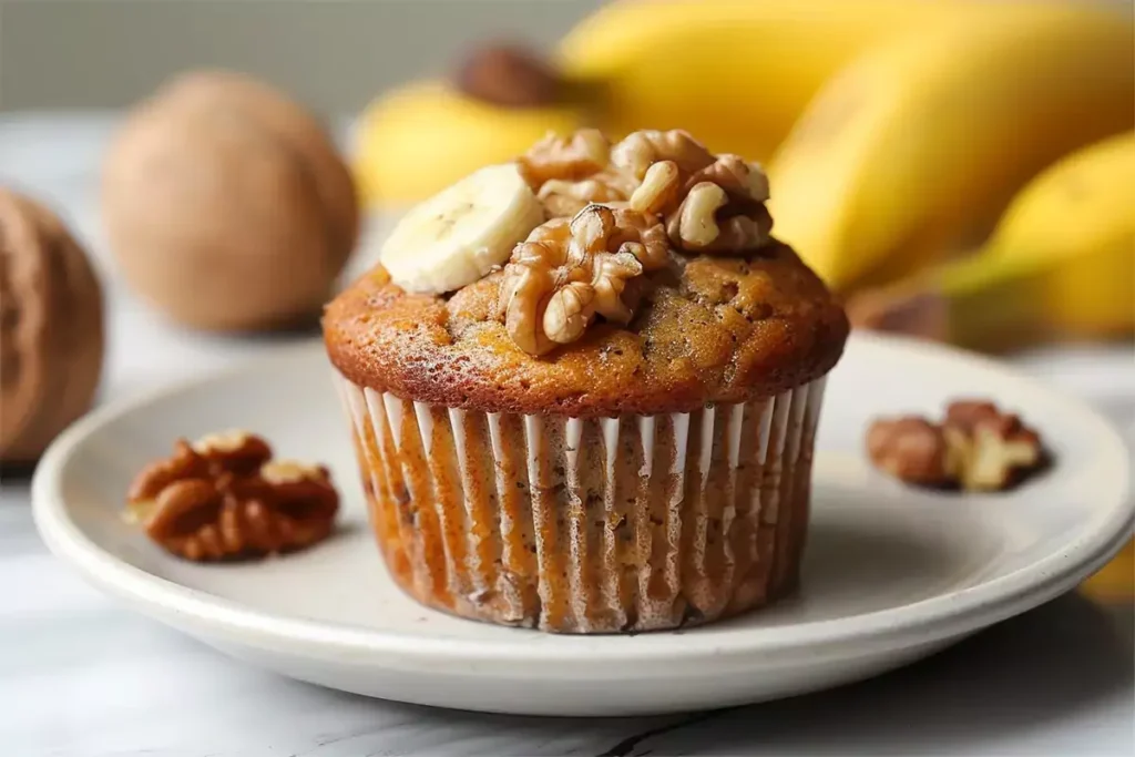 A delicious, freshly baked banana nut muffin on a white plate, with bananas and walnuts in the background.