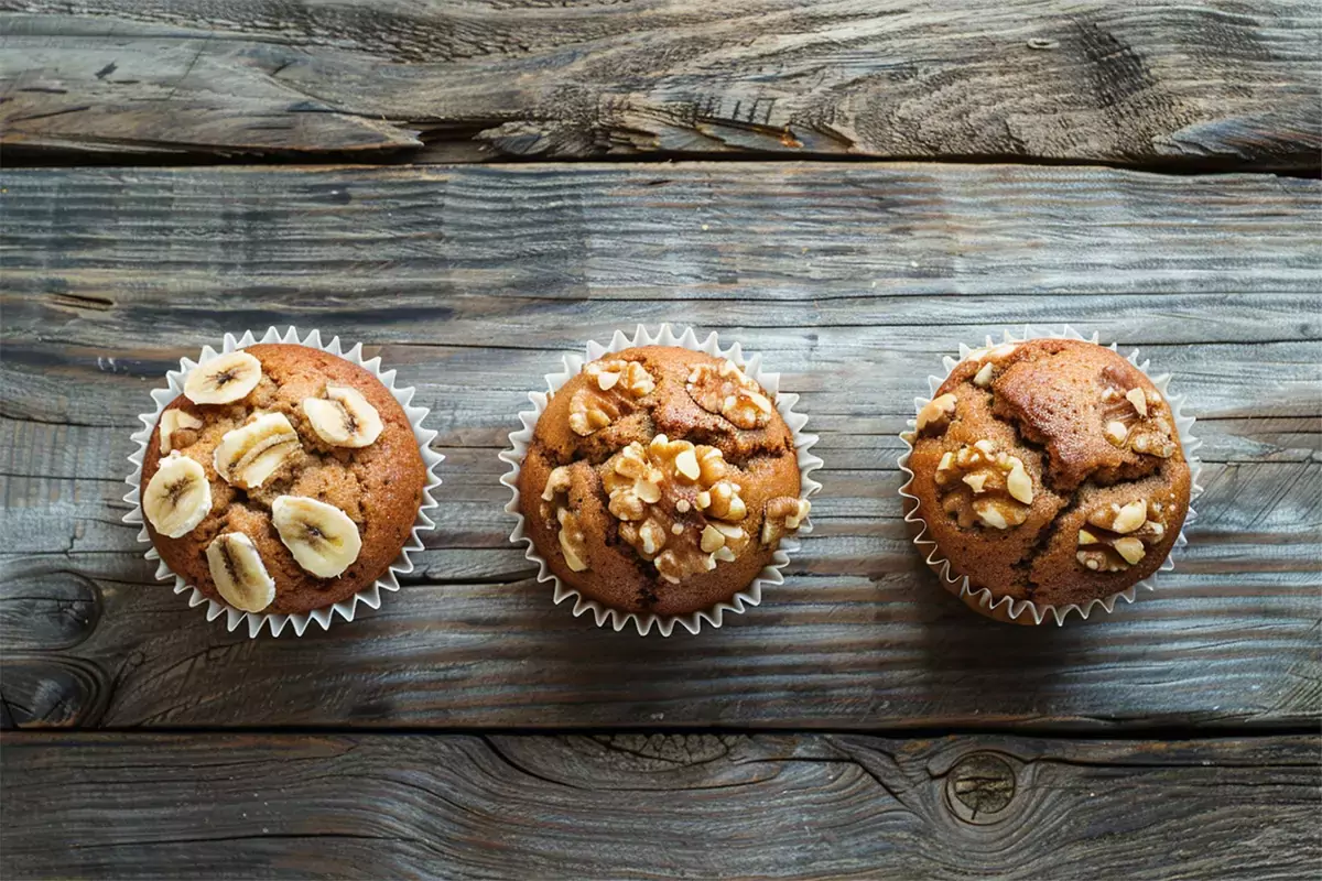 Three different sizes of banana nut muffins (large, medium, small) placed side by side on a rustic wooden table.