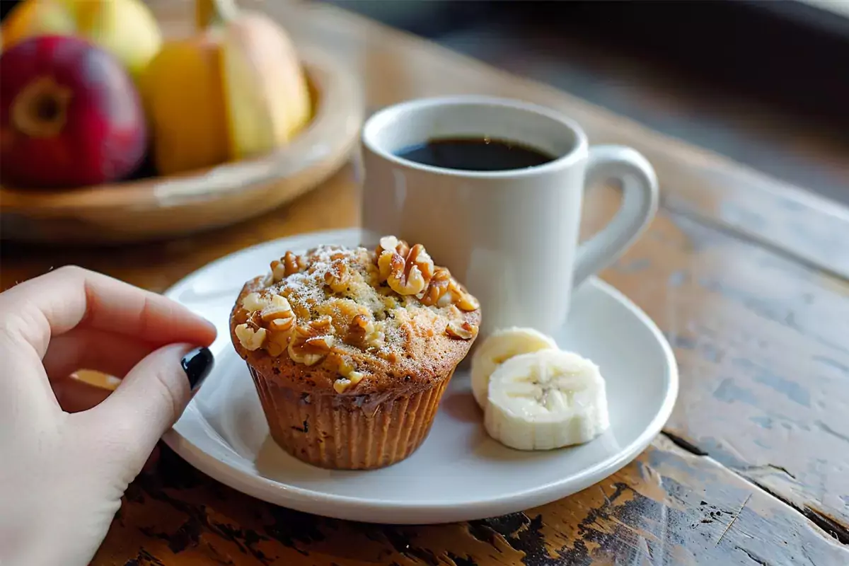 A person enjoying a banana nut muffin with a cup of coffee, showing a balanced breakfast setup with fruits and a small muffin.