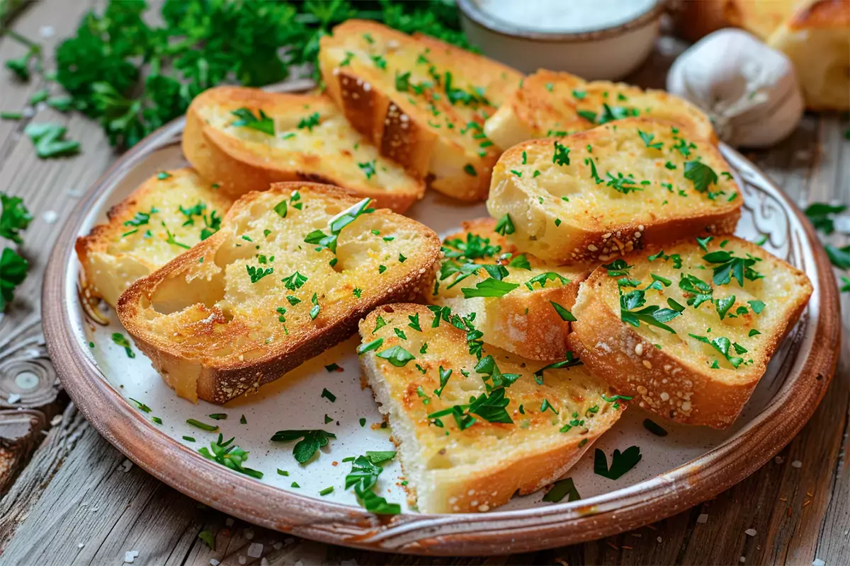 Golden, crispy garlic bread slices garnished with fresh parsley on a plate.