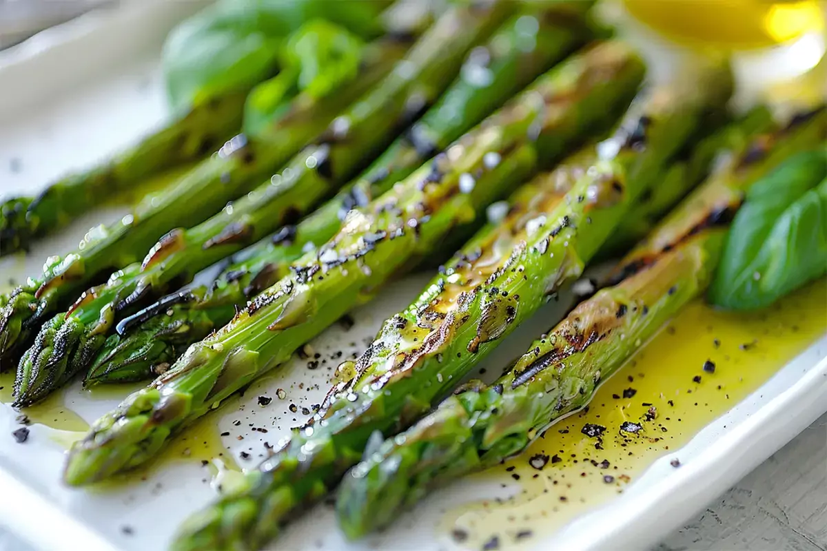 Tender grilled asparagus spears drizzled with olive oil and sprinkled with salt and pepper