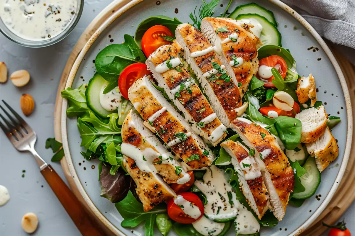 A plate of grilled chicken breast slices on a bed of mixed greens, cucumbers, and tomatoes, drizzled with creamy dressing. Chicken Caesar Salad