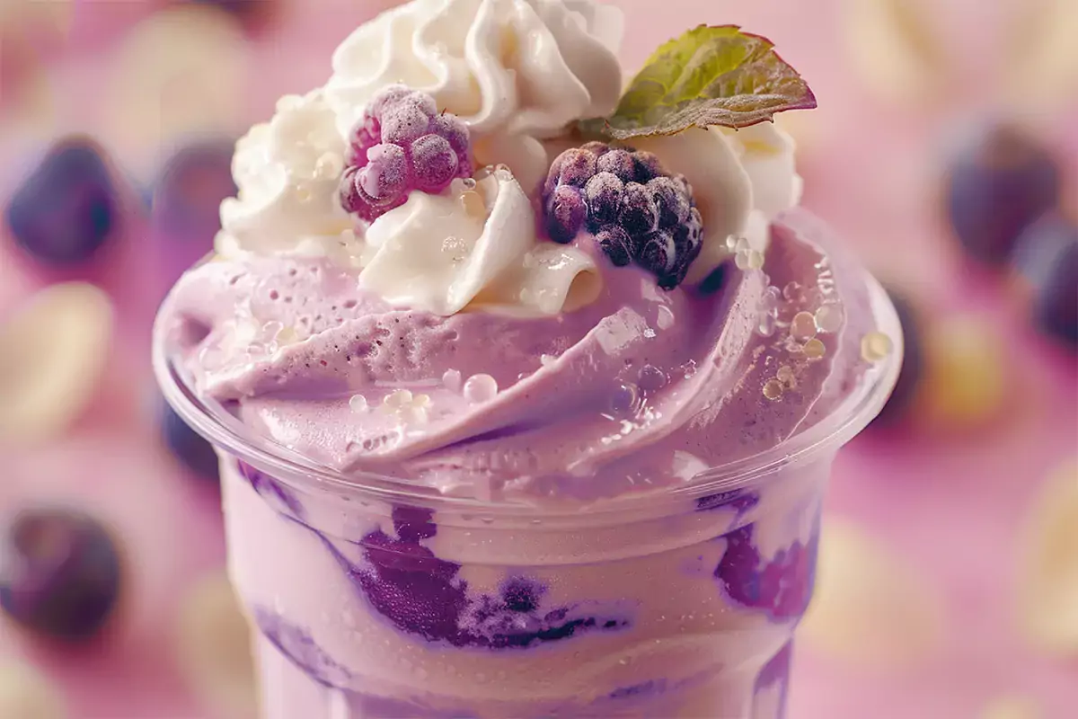 Close-up shot of the Grimace Shake's ingredients, including vanilla ice cream, grape juice or berry-flavored syrup, and whipped cream.