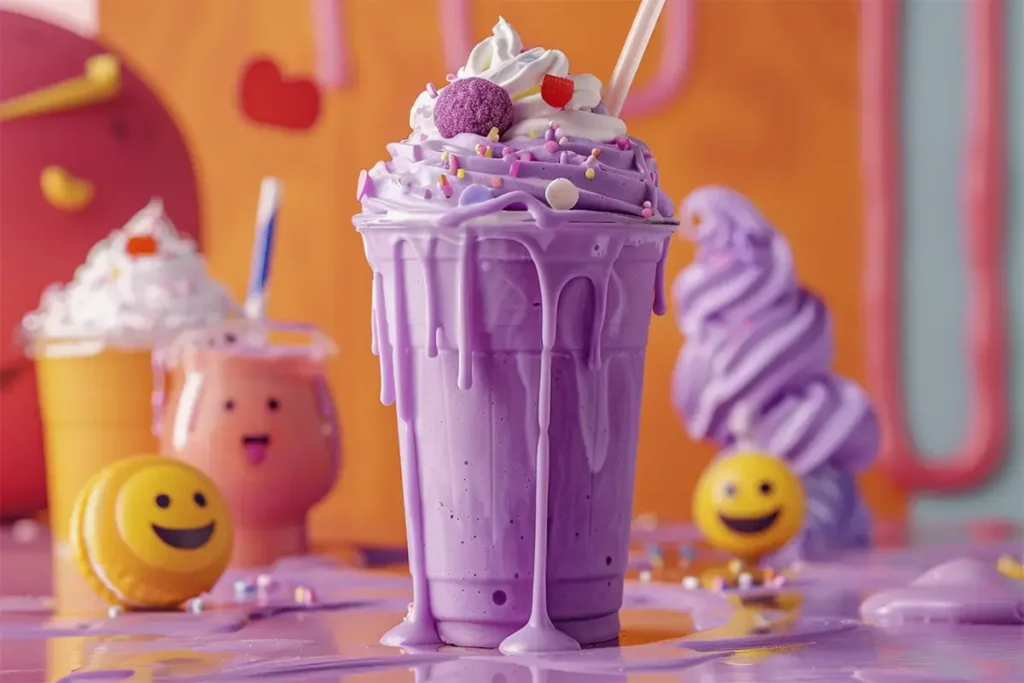 Colorful and vibrant image of the Grimace Shake from McDonald's, featuring its bright purple color and whipped cream topping.