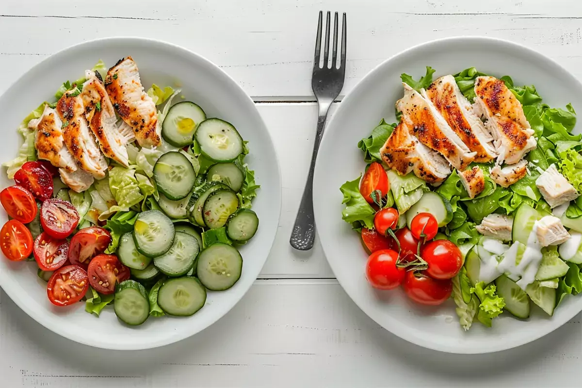 A comparison of a traditional Chicken Caesar Salad and a healthier version with added vegetables and low-fat dressing.