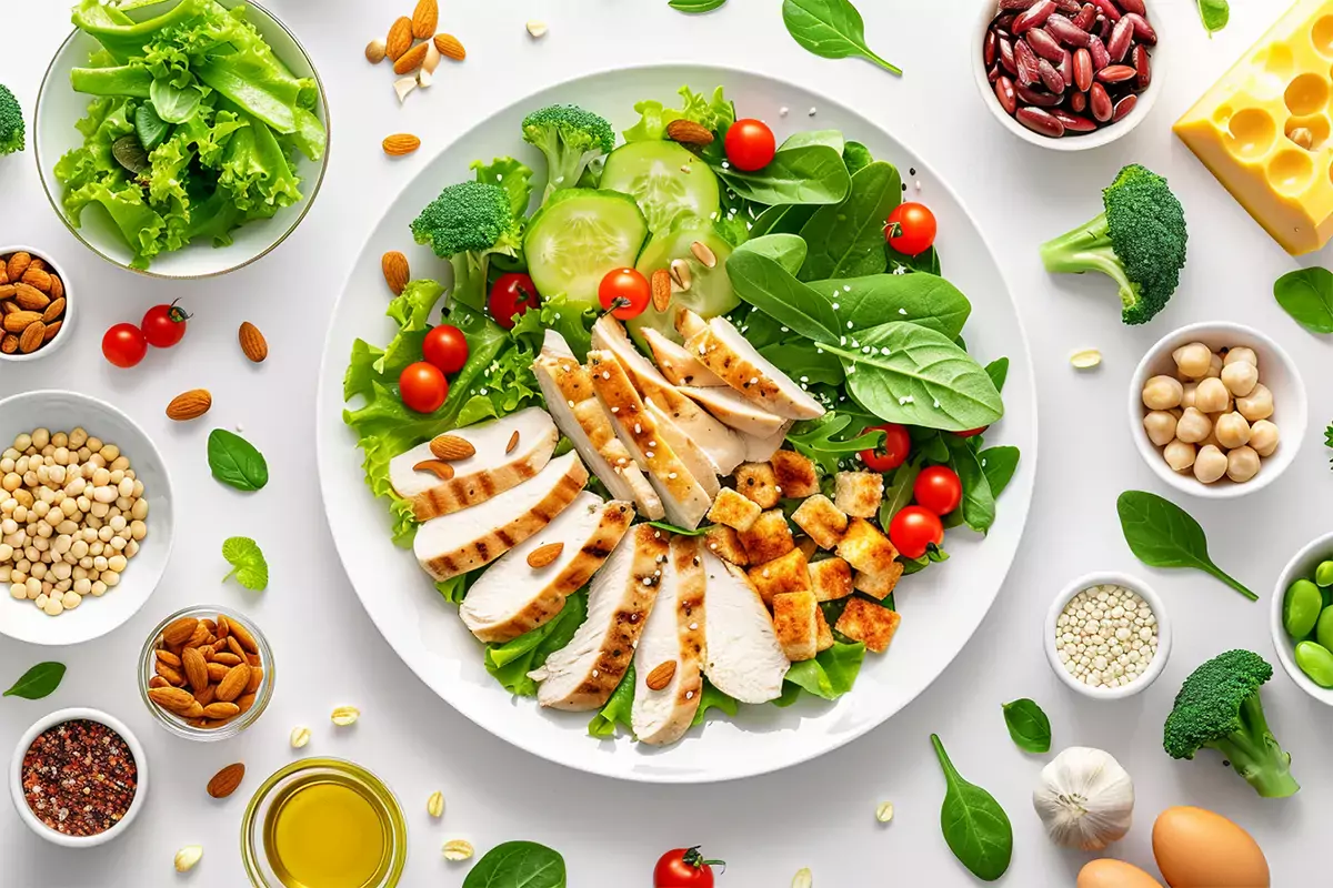 Infographic displaying the nutritional components of Chicken Caesar Salad including calories, proteins, fats, and vitamins.