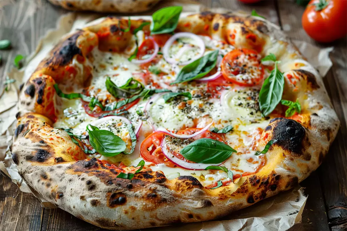 A homemade pizza made with sourdough discard, topped with fresh ingredients and baked to perfection.