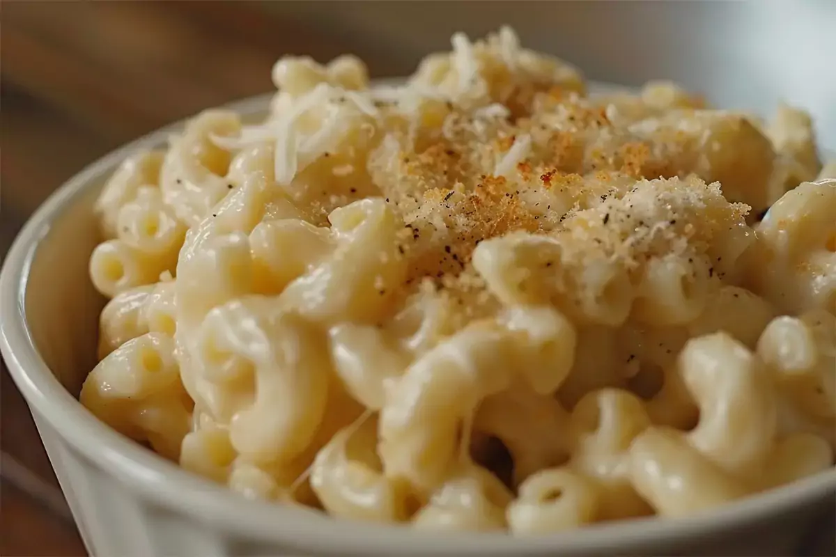 A steaming bowl of creamy Velveeta Mac and Cheese garnished with parsley