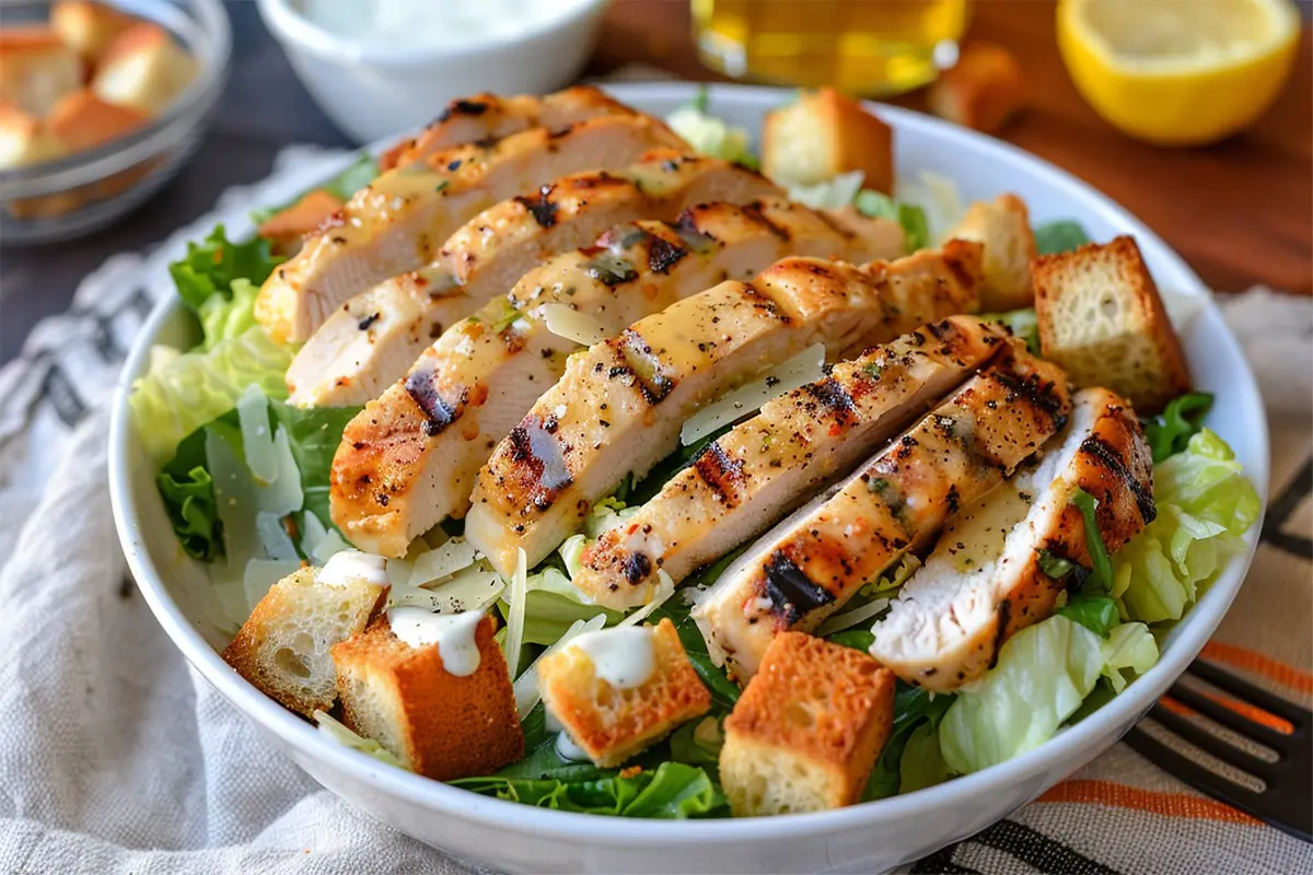 A beautifully assembled Chicken Caesar Salad with grilled chicken, romaine lettuce, Parmesan cheese, and homemade croutons.