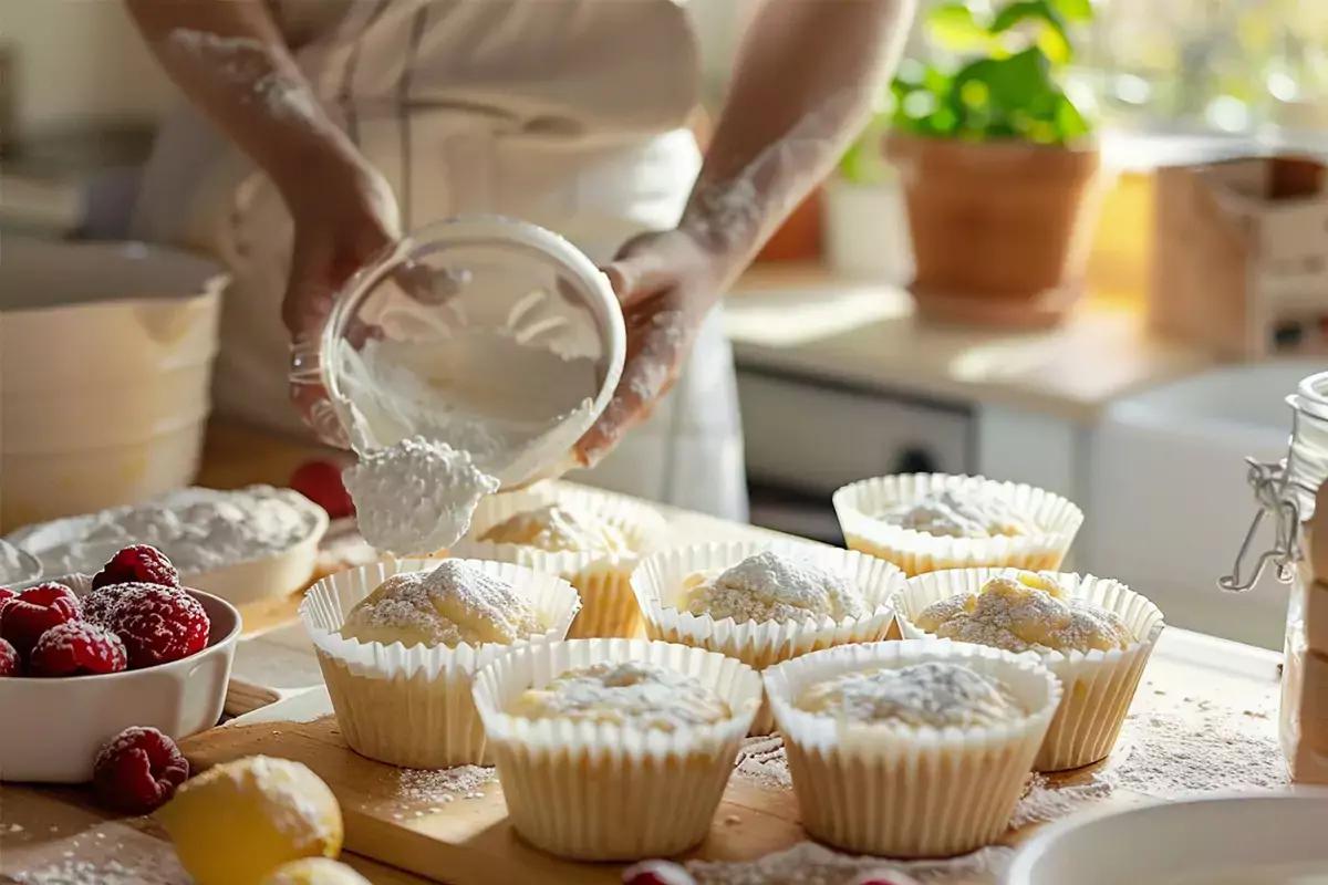 Home baker preparing banana nut muffins, including steps like preparing the muffin tin, mixing the batter, and spooning it into the tin in a cozy kitchen setting