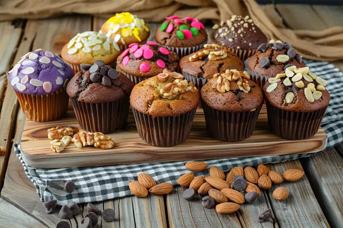 Different variations of banana nut muffins on a wooden board, featuring muffins with chocolate chips, almonds, hazelnuts, and gluten-free versions