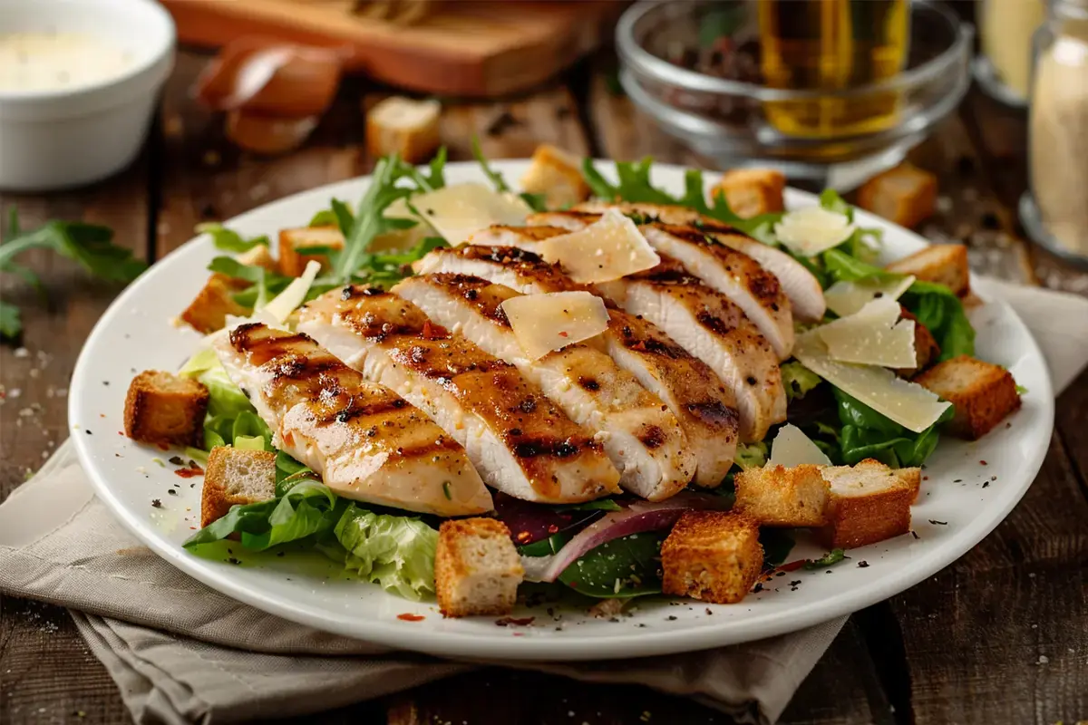 A beautifully plated Caesar salad with grilled chicken slices, croutons, and Parmesan cheese on a white plate