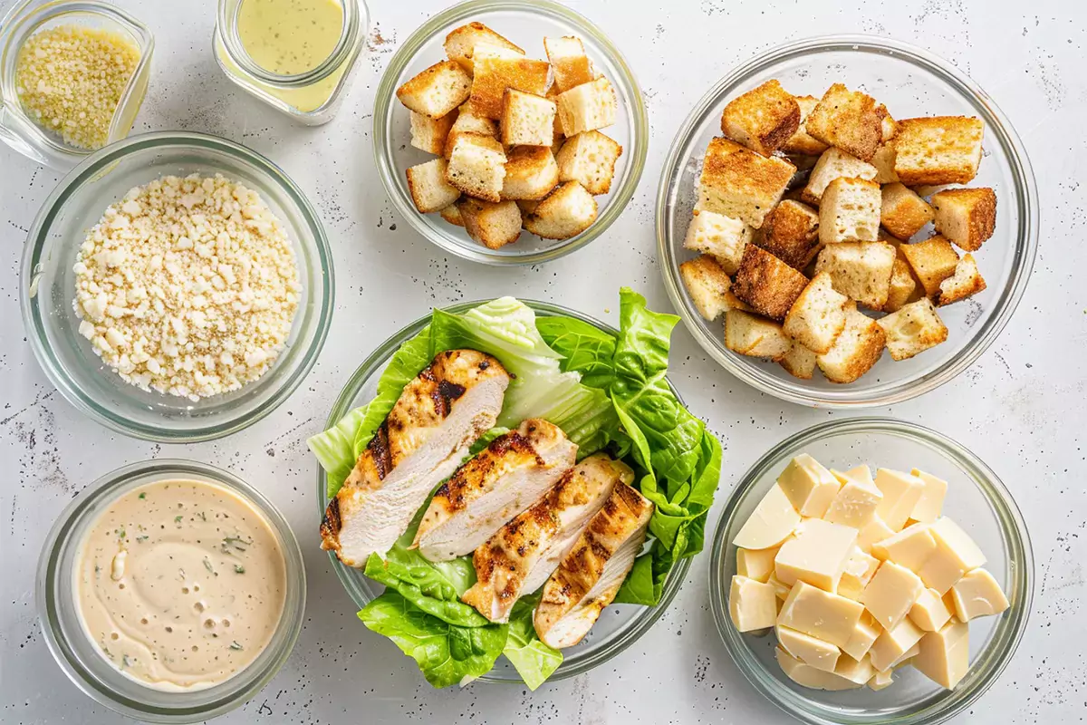 Ingredients of Chicken Caesar salad including grilled chicken, romaine lettuce, Parmesan cheese, croutons, and Caesar dressing, each in separate bowls with labeled calorie counts.