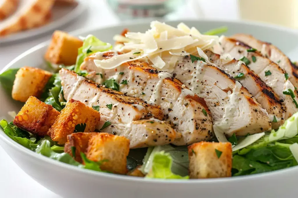 A delicious Chicken Caesar salad with fresh romaine lettuce, grilled chicken, Parmesan cheese, croutons, and creamy Caesar dressing in a white bowl.