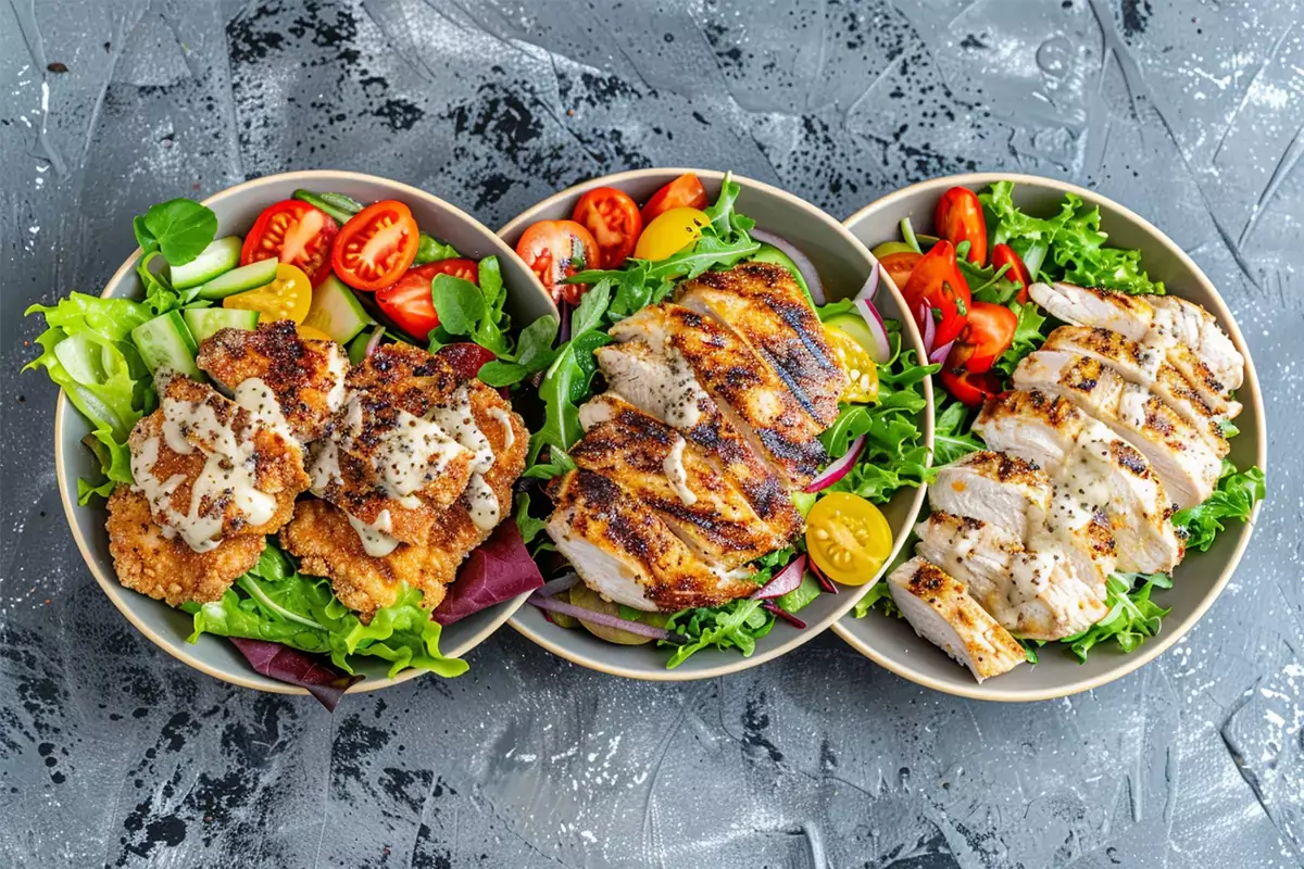 Three variations of Chicken Caesar salad: classic with grilled chicken, indulgent with fried chicken, and healthy with extra vegetables and low-calorie dressing.