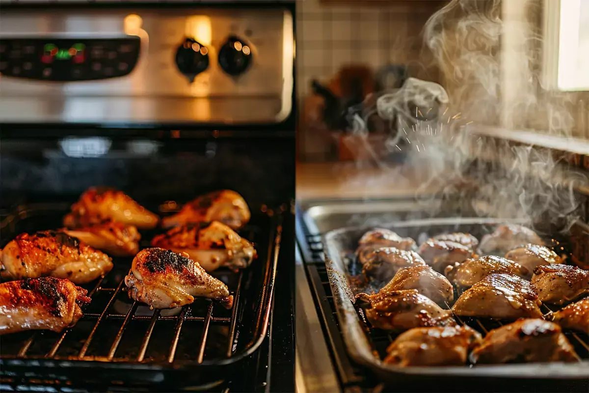 A split image showing chicken being grilled, pan-seared, and oven-baked, with each technique displayed side by side.