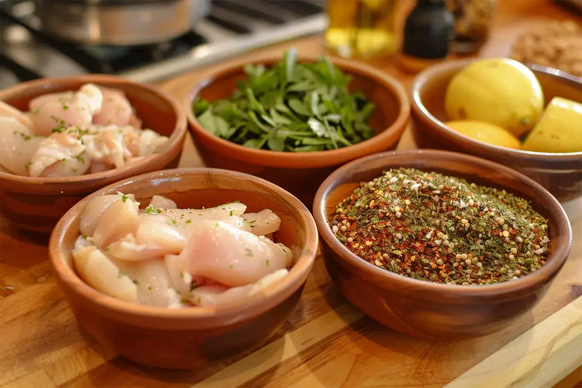 Four different bowls with various chicken seasonings: classic, herb, spicy, and lemon-garlic, displayed on a wooden kitchen counter.