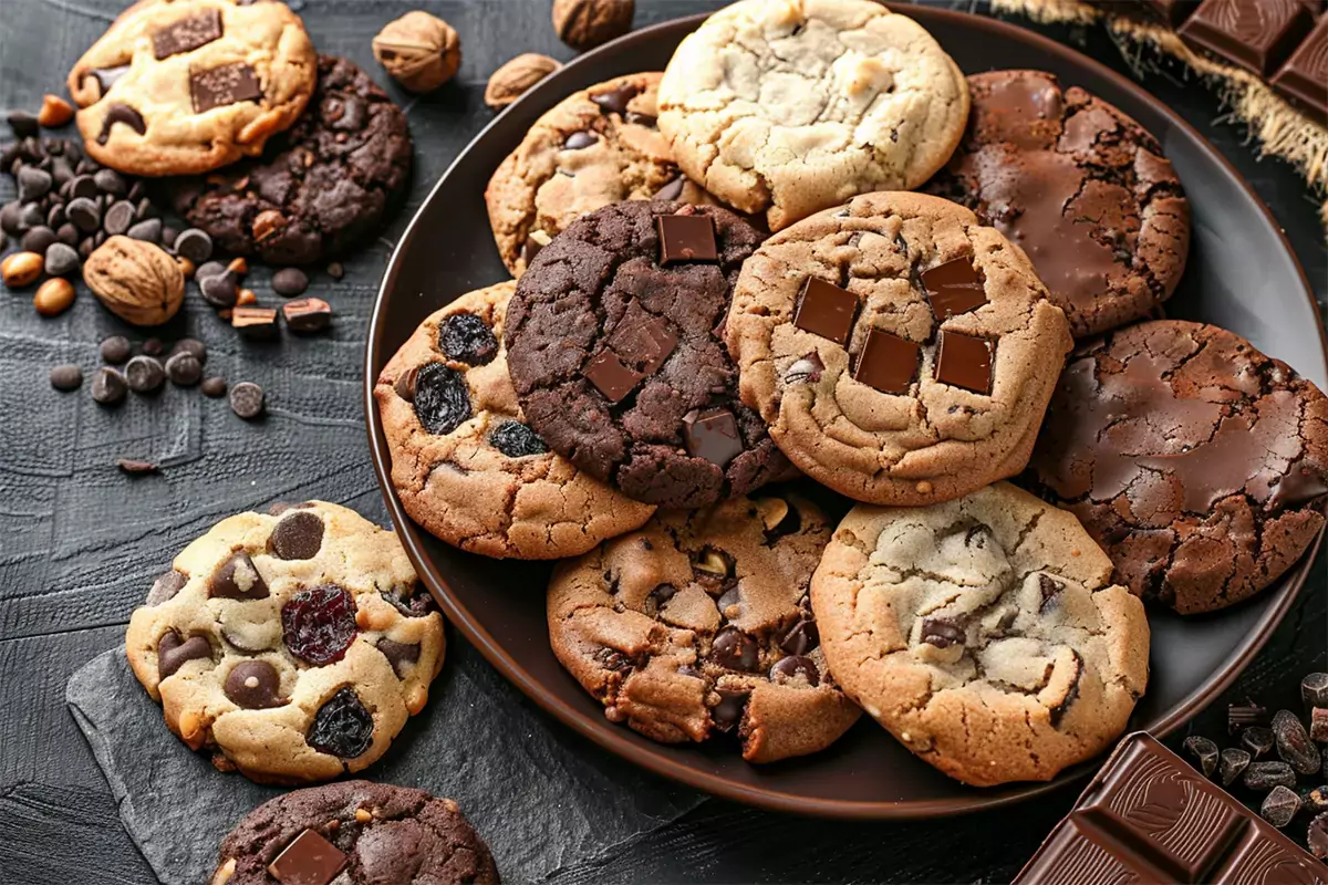 A plate with various chocolate chip cookie variations, including cookies with nuts, dried fruits, and different types of chocolate.