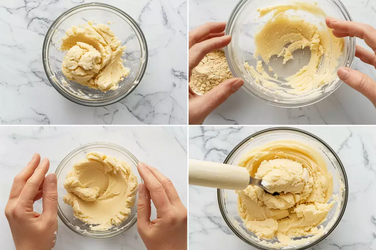 Step-by-step process of preparing chocolate chip cookies without brown sugar, including mixing ingredients and shaping dough.