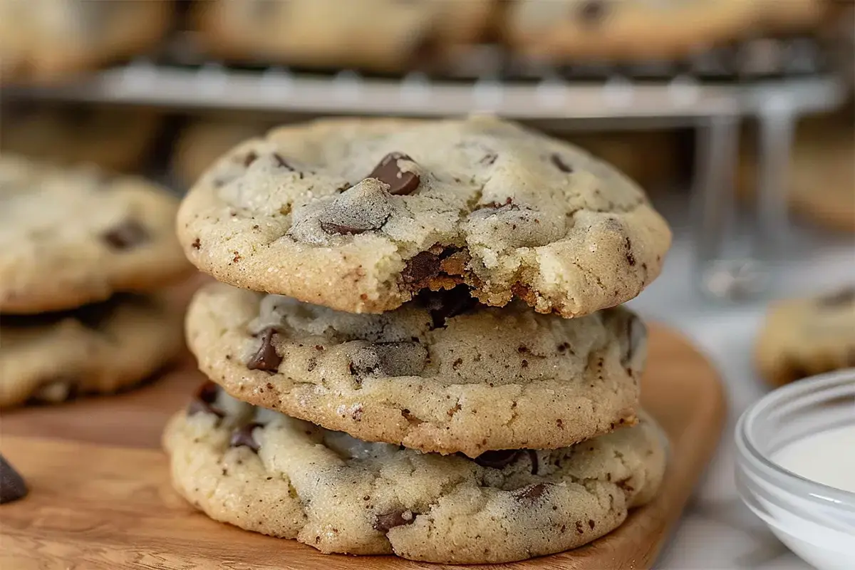 Freshly baked chocolate chip cookies without brown sugar on a rustic wooden table.