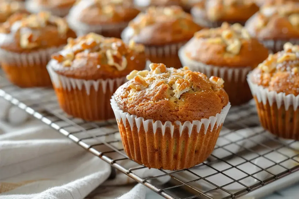 Freshly baked banana nut muffins cooling on a wire rack, showcasing their golden-brown tops and moist interior