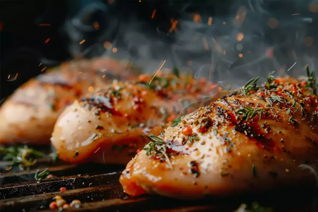 Grilled chicken breasts seasoned with herbs and spices for Chicken Caesar Salad.