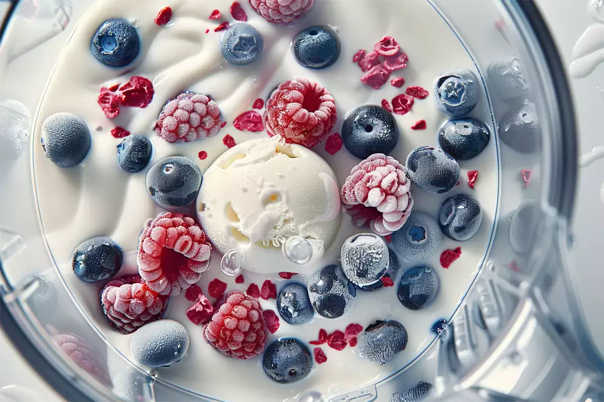 Ingredients for Grimace Shake including vanilla ice cream, blueberries, raspberries, and milk being blended