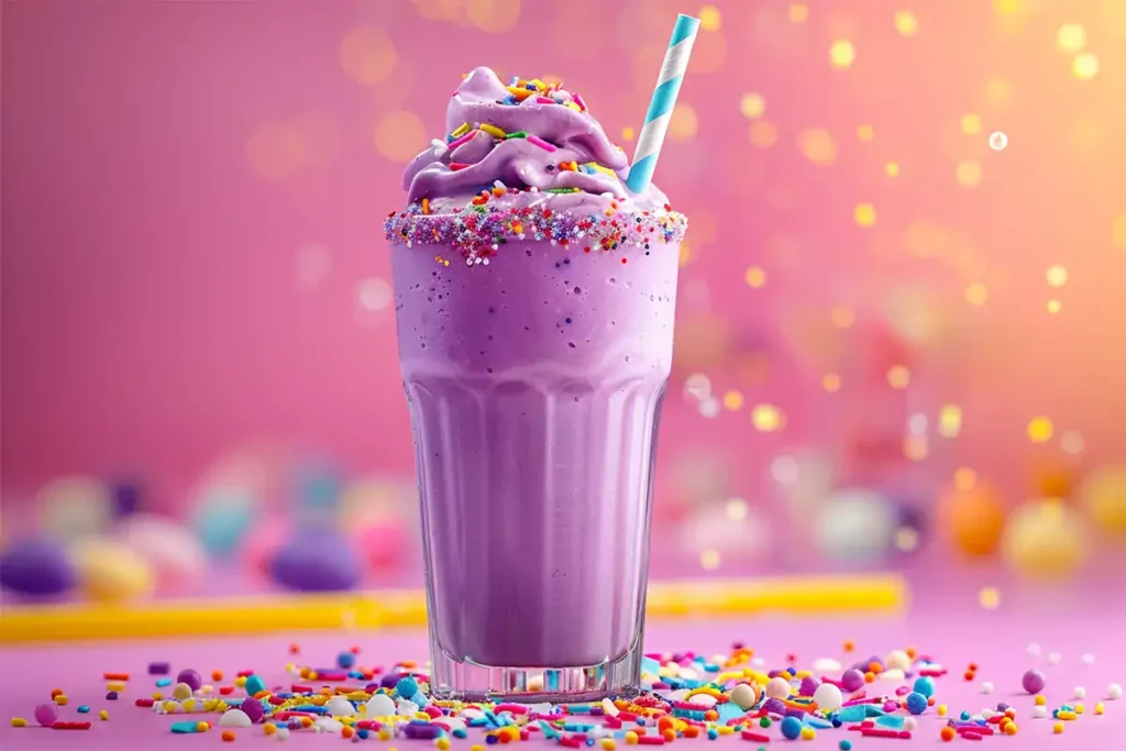 A vibrant purple Grimace Shake in a tall glass with a straw and garnishes