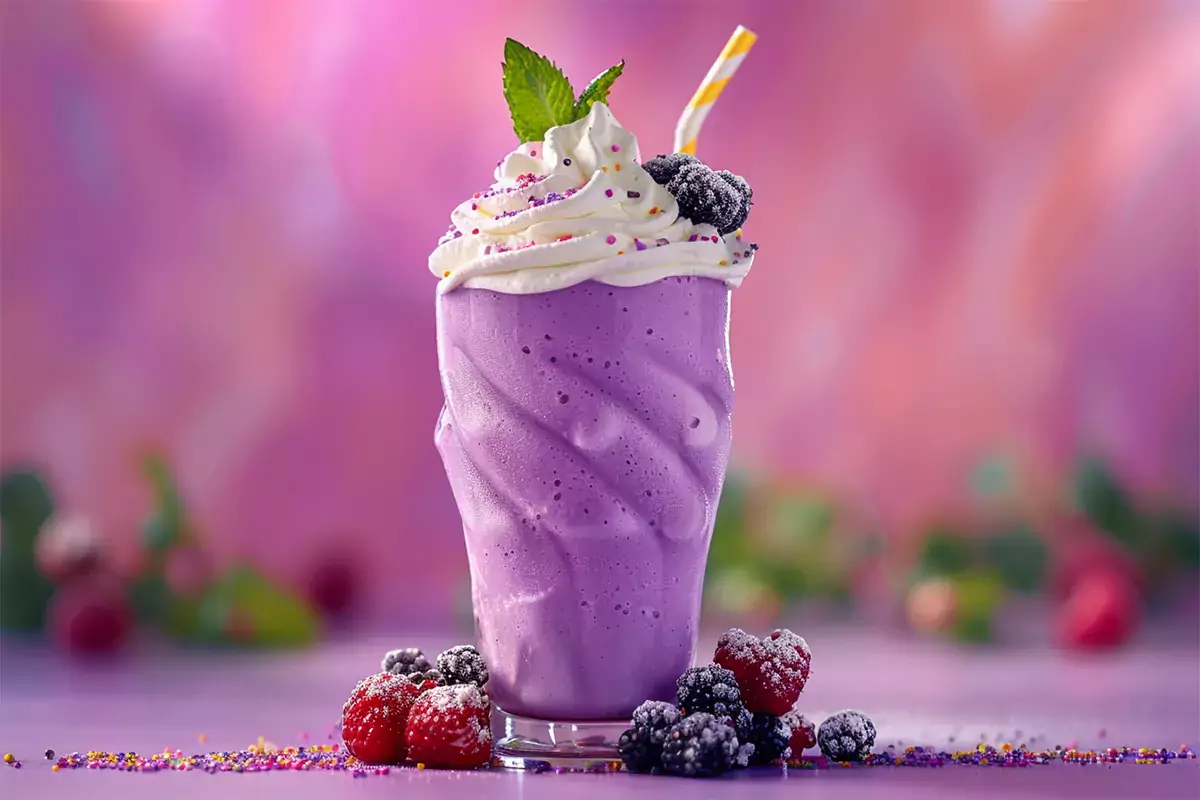 Beautifully presented Grimace Shake with whipped cream, fresh berries, and a sprig of mint