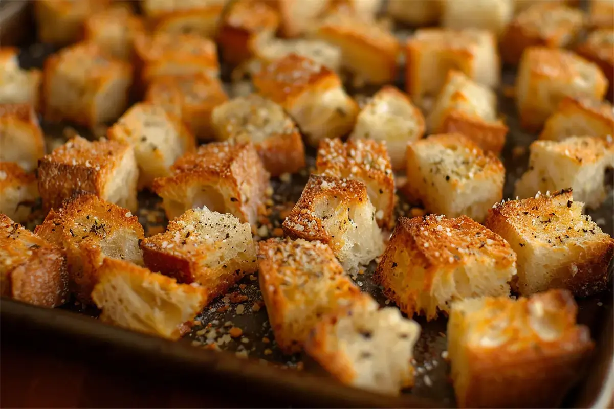 Freshly baked homemade croutons seasoned with olive oil, garlic powder, salt, and pepper