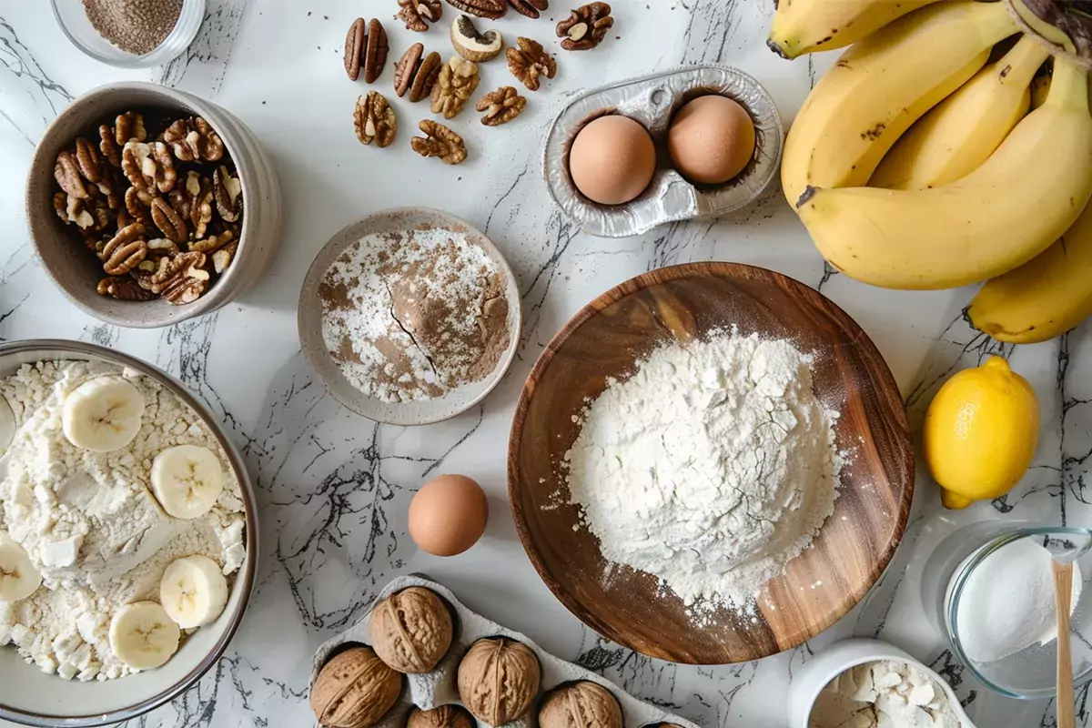 A beautifully arranged kitchen countertop with all the ingredients needed for banana nut muffins, including ripe bananas, walnuts, flour, and eggs.