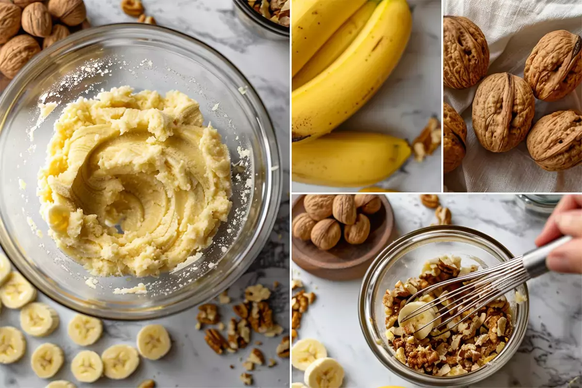 Step-by-step process of mashing ripe bananas and preparing walnuts for making banana nut muffins.