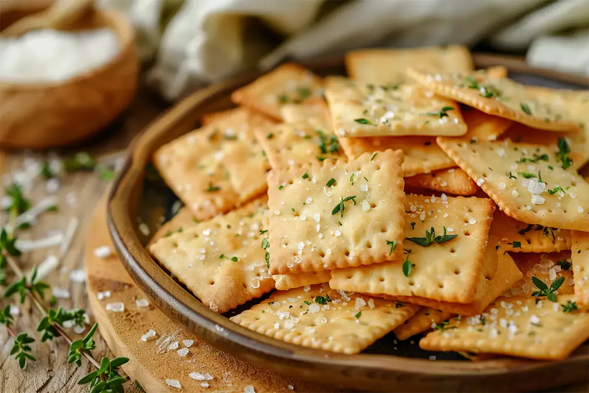 Crunchy sourdough discard crackers with a sprinkle of herbs and sea salt