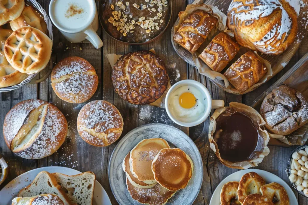 A top-down view of various sourdough discard dishes including pancakes, muffins, and bread on a rustic wooden table