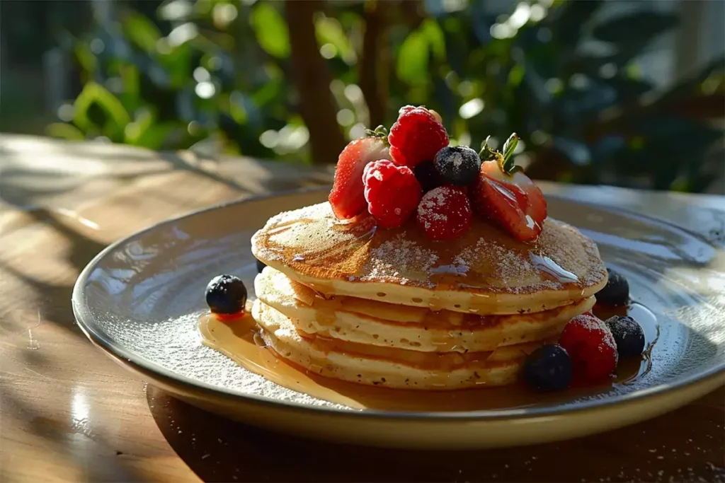 Fluffy sourdough discard pancakes served with fresh berries and syrup