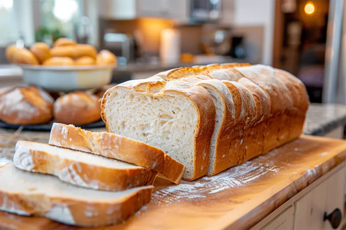 Freshly baked sourdough discard sandwich bread loaf sliced and ready to serve