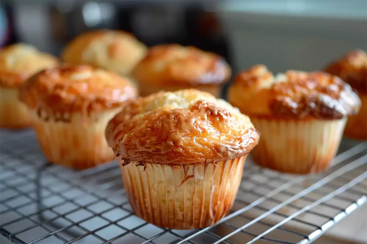 A close-up of freshly baked sourdough muffins with a golden crust, cooling on a wire rack