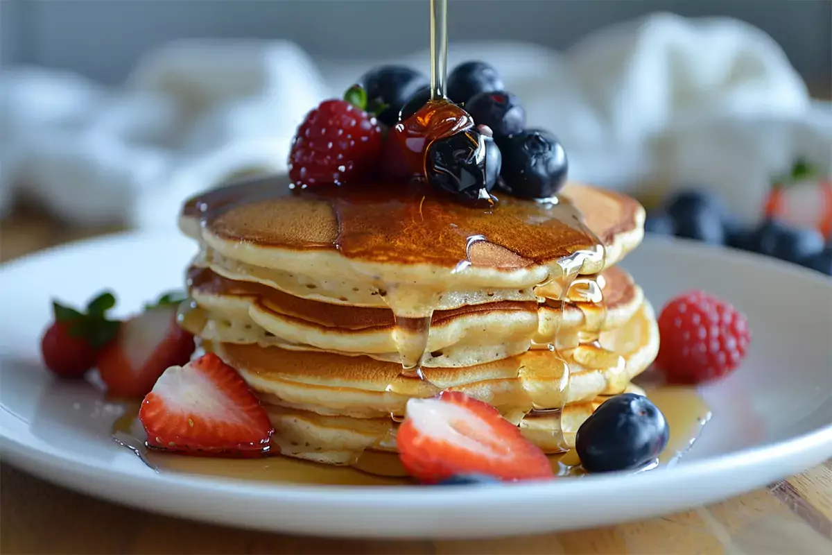 A stack of fluffy sourdough pancakes drizzled with syrup and topped with fresh berries, served on a white plate