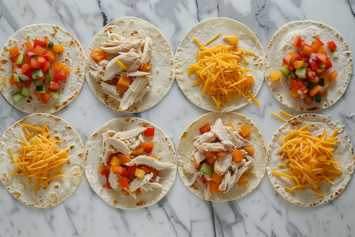 Step-by-step assembly of chicken quesadillas with tortillas being filled with shredded chicken, sautéed vegetables, and cheese.