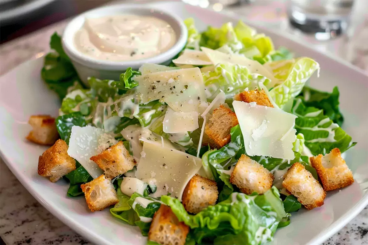 Fresh romaine lettuce, Parmesan cheese, croutons, and Caesar dressing ingredients.