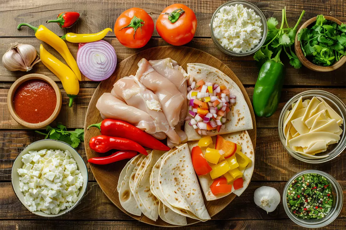 Fresh ingredients for chicken quesadilla including chicken, cheeses, bell peppers, onions, and tortillas on a kitchen countertop