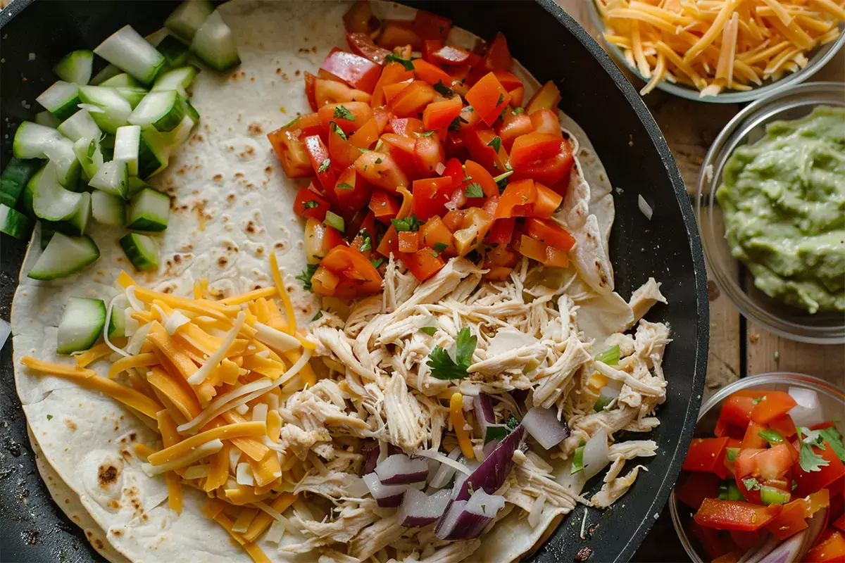 Step-by-step preparation of chicken quesadilla, including sautéed vegetables, shredded chicken, and layered tortilla ready to be cooked