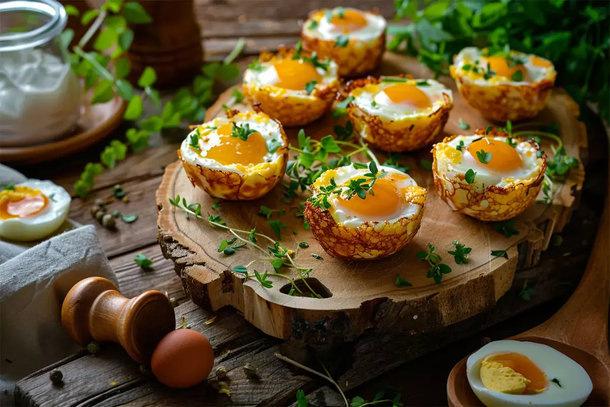 A variety of homemade egg bites served on a wooden platter.