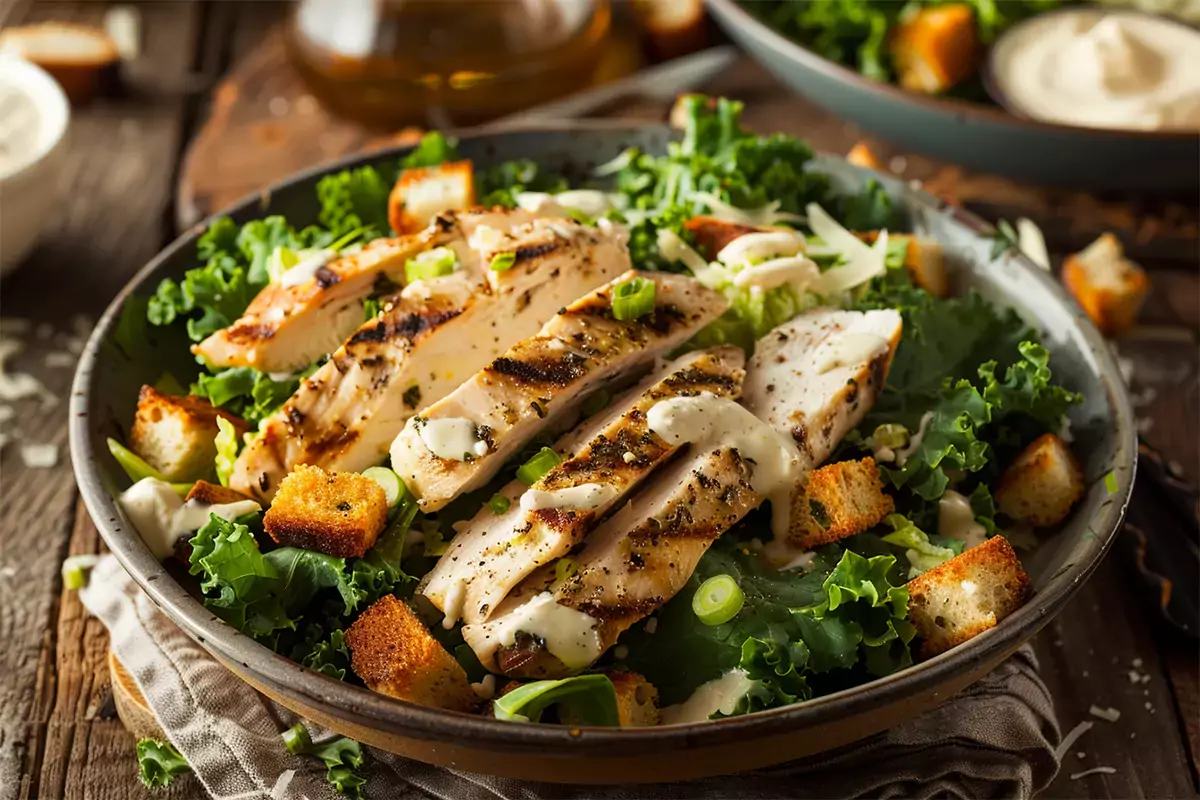 A healthy version of Caesar salad with kale, grilled chicken, and Greek yogurt dressing.