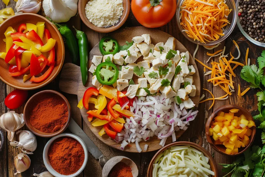 Fresh ingredients for chicken quesadillas including diced chicken, shredded cheese, sliced bell peppers, onions, and spices on a rustic wooden table